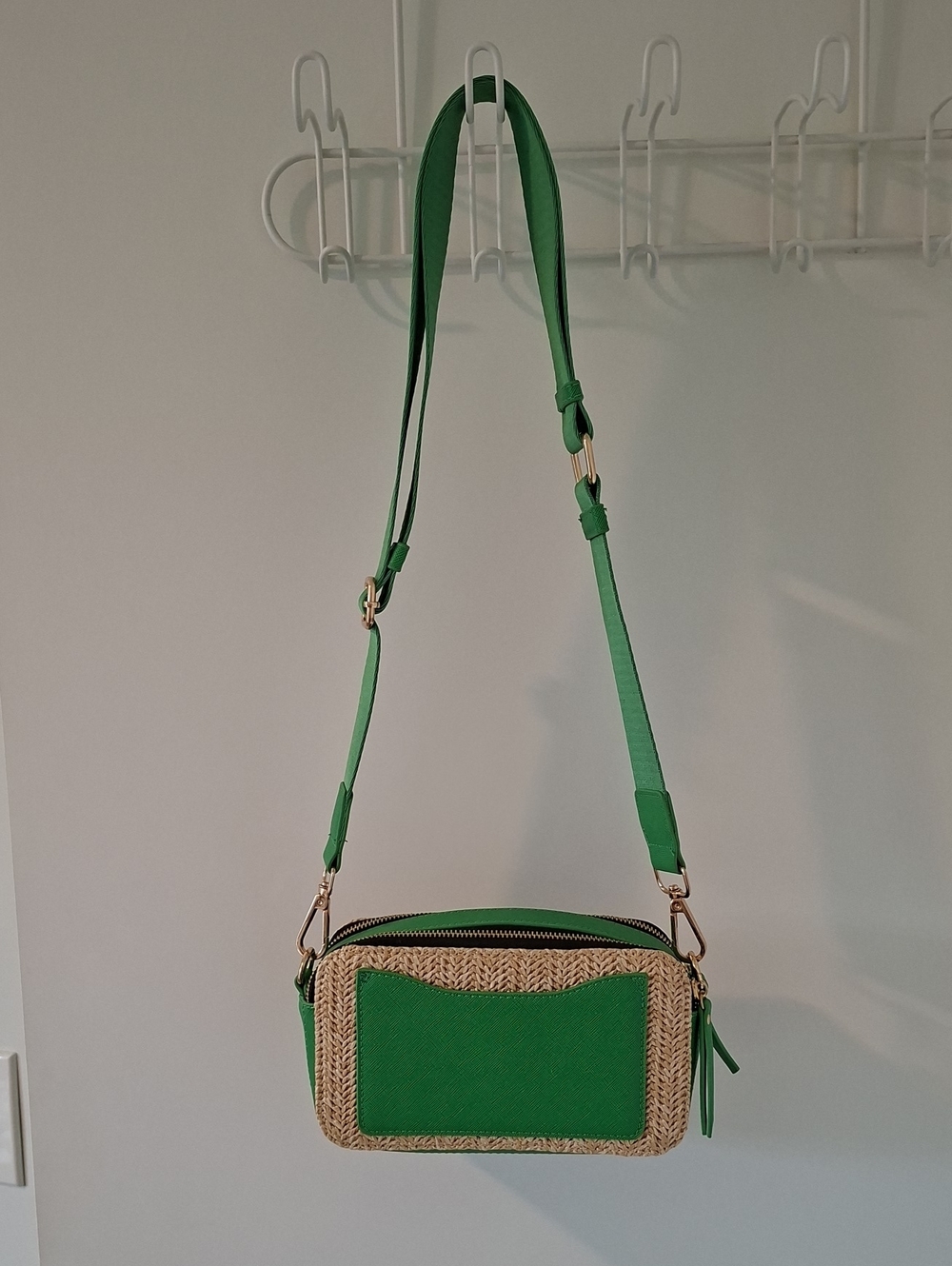 Vibrant Green & Tan/Straw Woven Cross-body Box Bag with Gold Hardware